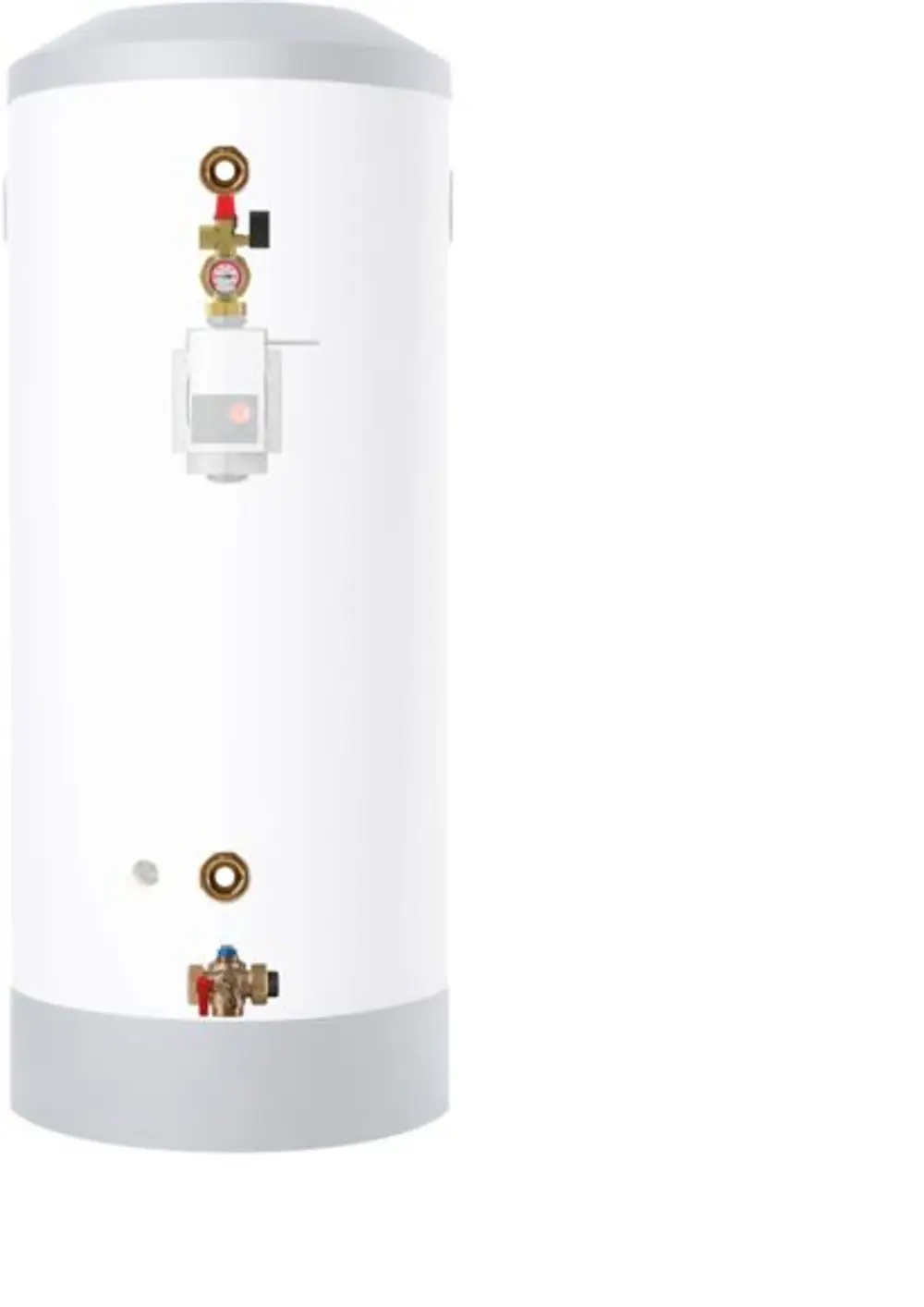 Produktfoto: STIEBEL ELTRON Kompaktinstallation WPKl 5-I, 205875. Weißer, zylindrischer Warmwasserspeicher mit grauem Sockel und Deckel, Armaturen sichtbar.